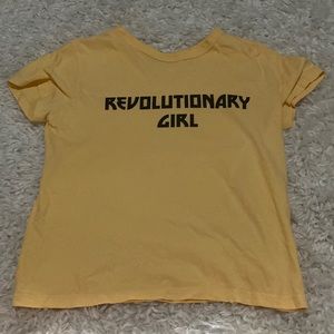 juniors small yellow shirt with print on the front
